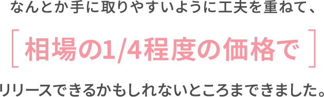 なんとか手に取りやすいように工夫を重ねて、相場の1/4程度の価格でリリースできるかもしれないところまできました。